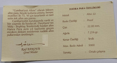 1999 YILI TÜRKİYE CUMHURİYETİNİN 75 YILI DARPHANE HATIRA ALTIN SERTİFİKASI SADECE SERTİFİKA