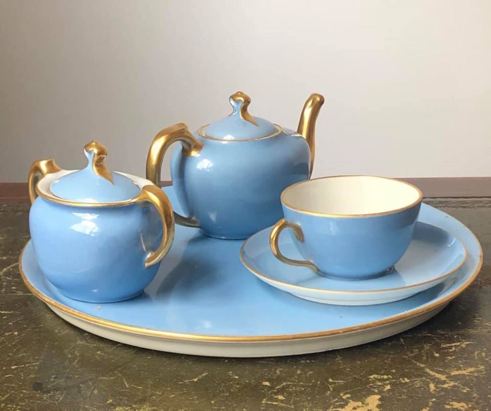 Vintage Fransız Tek kişilik çay kahve sunum seti tepsi çapı 28cm